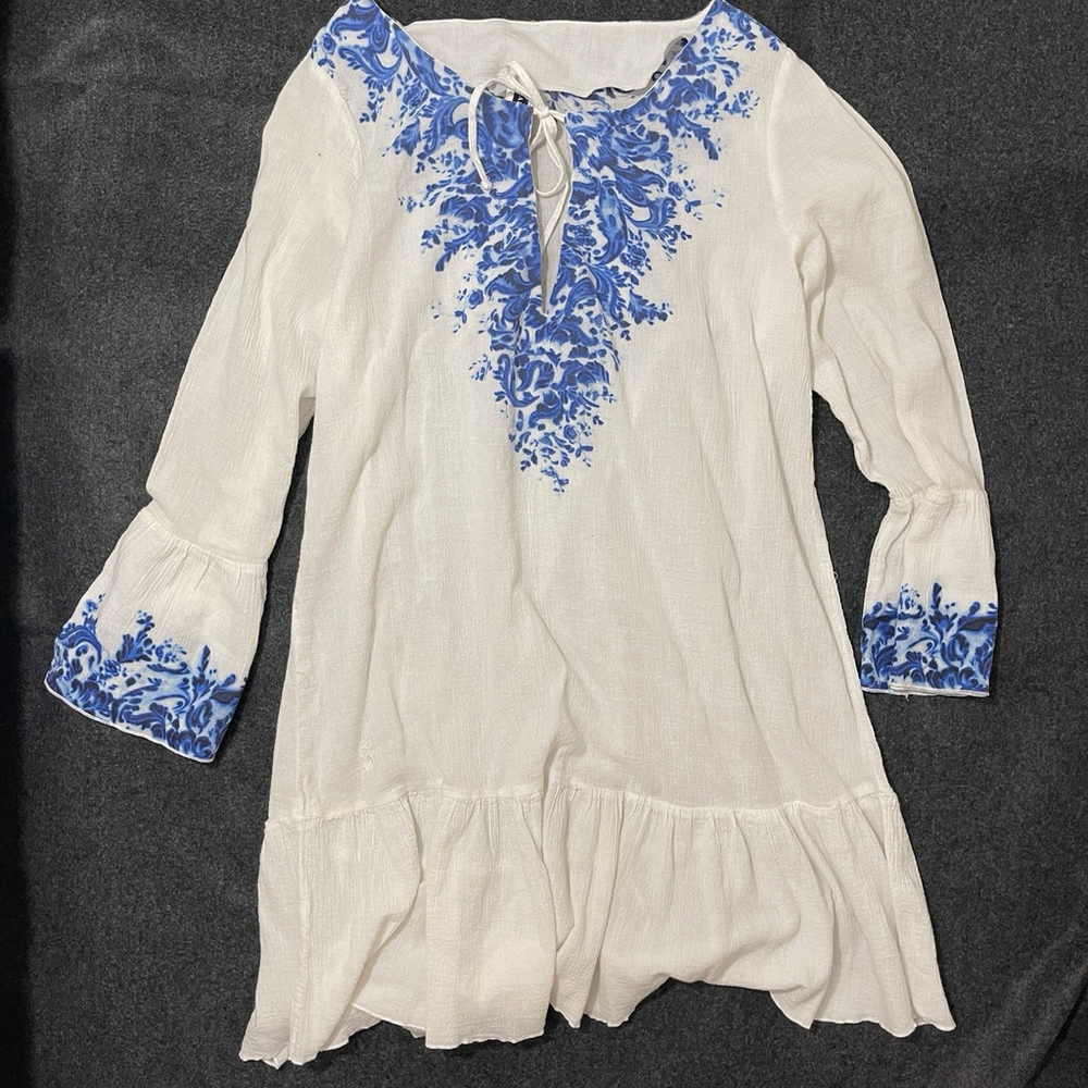 Ralph Lauren Estilo 2-RL28L55 Peasant Blouse Shirt Top Size L White Blue Swirls